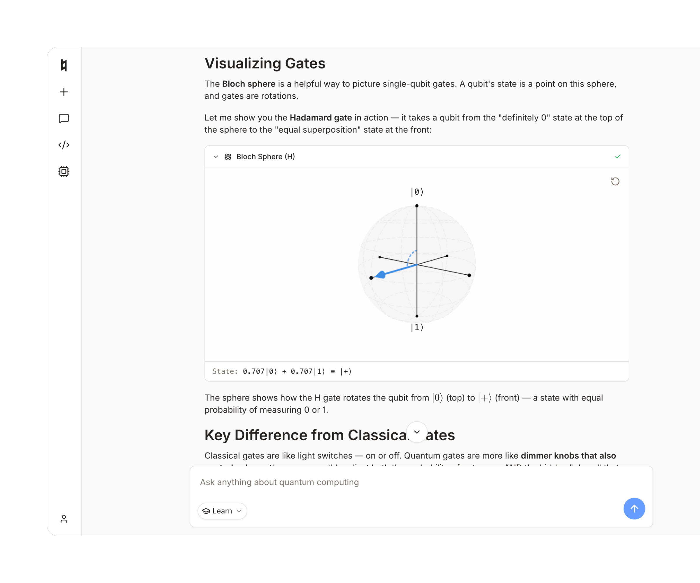 Coda Learn mode explaining quantum entanglement with interactive examples